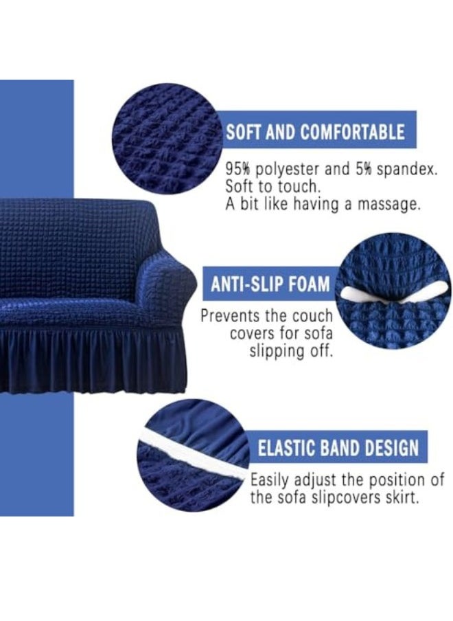 Sofa Slipcover One Piece Easy Fit Stretch Couch Cover with Skirt Durable Washable High Elastic Stretchable Universal Furniture Protector (Navy Blue, 3 Seats)