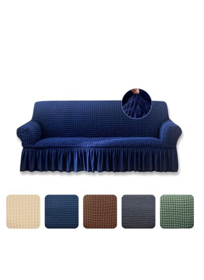 Sofa Slipcover One Piece Easy Fit Stretch Couch Cover with Skirt Durable Washable High Elastic Stretchable Universal Furniture Protector (Navy Blue, 3 Seats)
