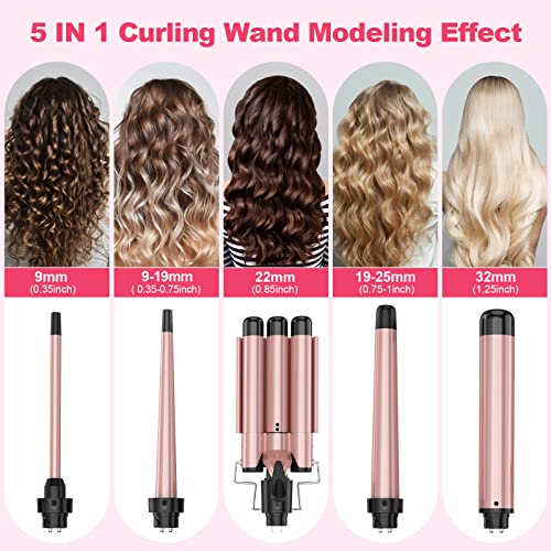 USHOW Curling Wand Set, Curling Iron Interchangeable 3 Barrel Wand Curler with Ceramic Tourmaline Professional 5 in 1 Wand Curling Iron,for Women with Curler and Waver - Image 2