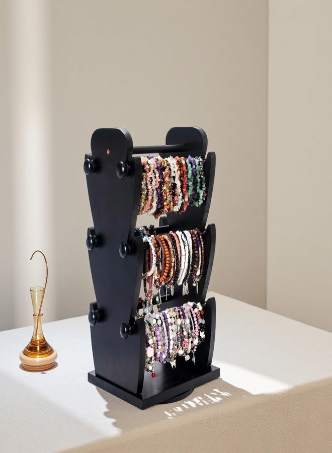 humberboat Two-Sided Rotating Wooden Jewelry Bracelet Holder Stand - 3-Tier Display with 6 Removable Bars for Bracelets, Bangles, Watches & Accessories - Black Wooden Organizer for Home or Retail Showcase - Image 2