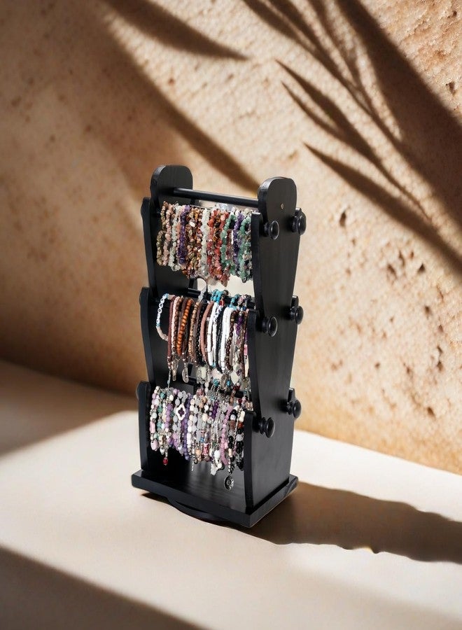 humberboat Two-Sided Rotating Wooden Jewelry Bracelet Holder Stand - 3-Tier Display with 6 Removable Bars for Bracelets, Bangles, Watches & Accessories - Black Wooden Organizer for Home or Retail Showcase - Image 3