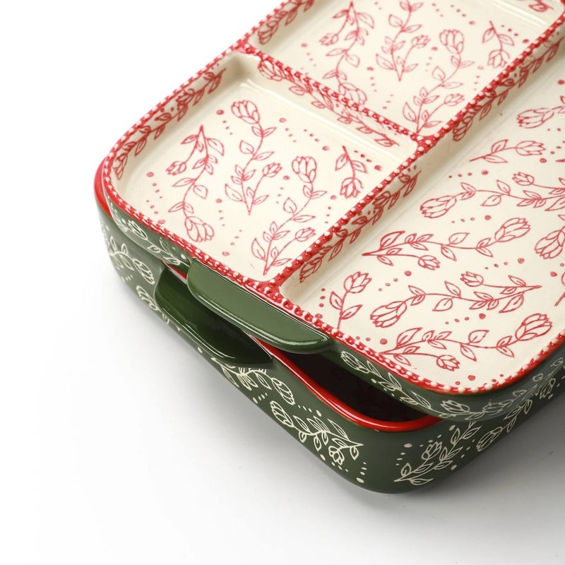 Generic Floral Pattern Ceramic Casserole Dish Set, 2-in-1 Bakeware, Green and White with Red Trim, Microwave and Oven Safe, Decorative Design .mk - Image 1