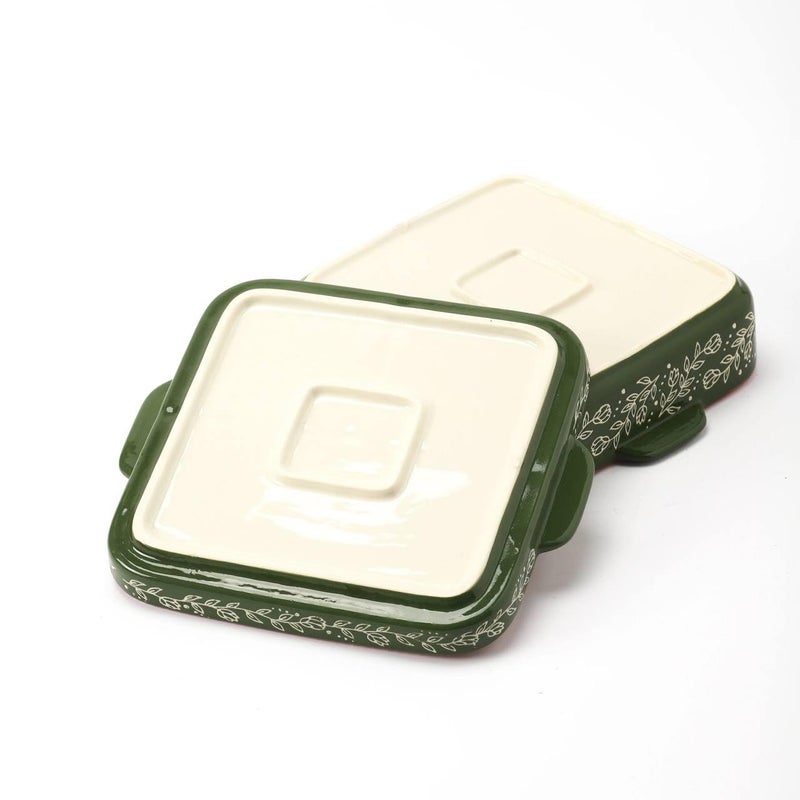 Generic Floral Pattern Ceramic Casserole Dish Set, 2-in-1 Bakeware, Green and White with Red Trim, Microwave and Oven Safe, Decorative Design .mk - Image 2
