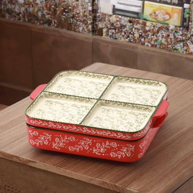 Generic Floral Pattern Ceramic Casserole Dish Set, 2-in-1 Bakeware, Green and White with Red Trim, Microwave and Oven Safe, Decorative Design .mk - Image 4