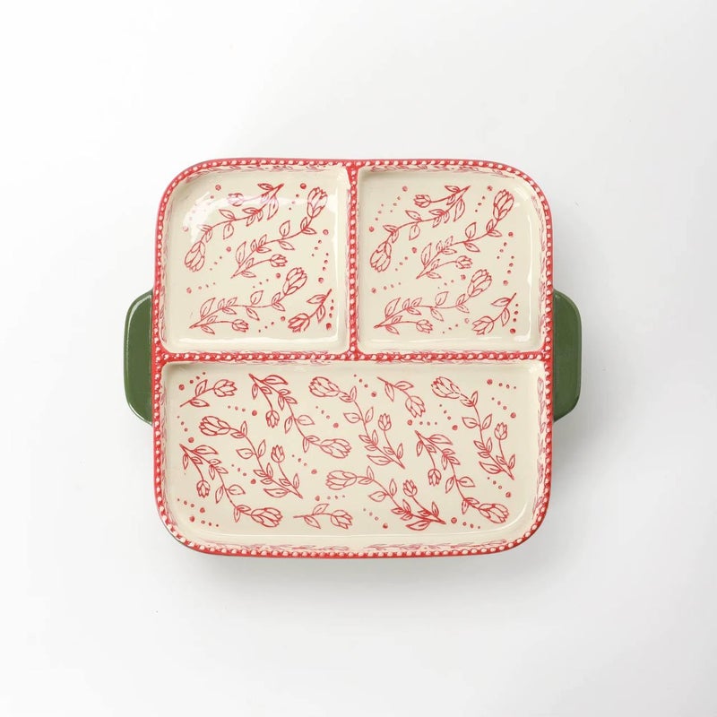 Generic Floral Pattern Ceramic Casserole Dish Set, 2-in-1 Bakeware, Green and White with Red Trim, Microwave and Oven Safe, Decorative Design .mk - Image 3