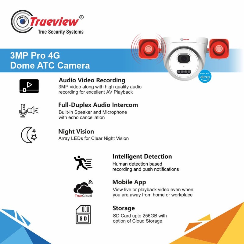 Trueview كاميرا مراقبة ذكية Trueview 4G بدقة 3 ميجابكسل لكاميرات الدوم في المنزل والمتجر والمكتب والمزرعة وموقع البناء، كاميرا تعتمد على شريحة SIM PRO 4G بدقة 3 ميجابكسل 1296p HD مع صفارة إنذار - Image 3