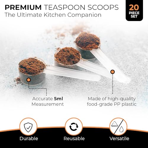 Existing Beauty 20 Measuring Spoons Set with Short Handle - 1 Teaspoon (5 ML) Clear Plastic Scoops for Creatine, Coffee, Grains, Spices, Powders, and Other Dry Goods, BPA Free, Kitchen Tools Measure, Fits in Jars - Image 2