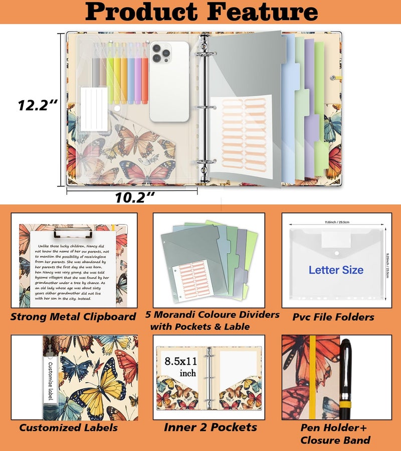 BVSSX 3 Ring Binder 1 Inch,BVSSX Three Ring Binders Organizer with Clipboard, 5-Tabs Pockets Dividers, Plastic Folder, 18 Divider Stikers,Pen Loop (Butterfly, Letter Size) - Image 3