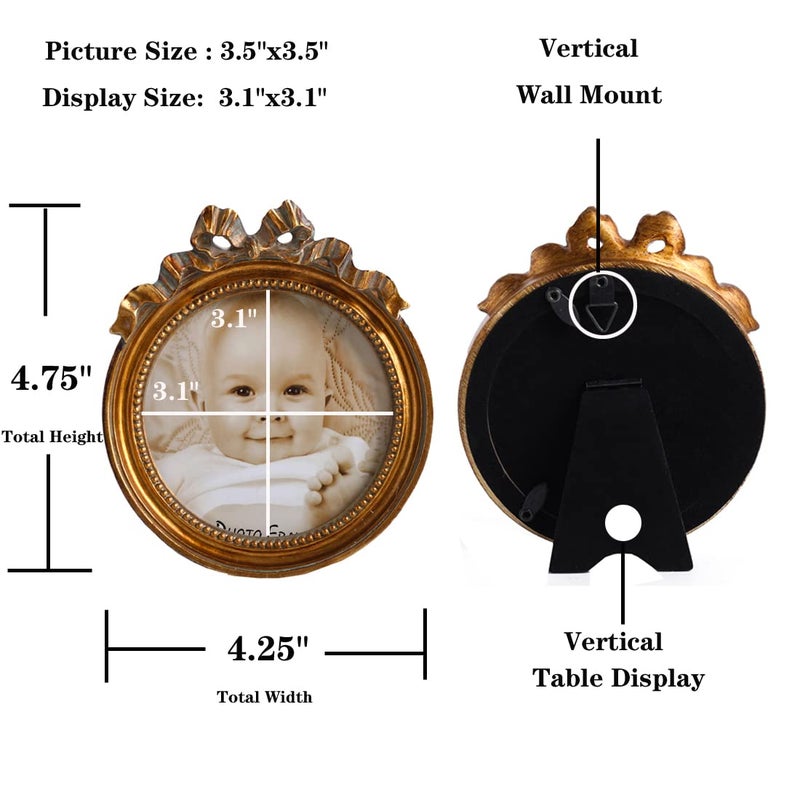 Kangce Antique Picture Frames 3.5x3.5 Round Picture Frames Vintage Picture Frames Small Picture Frames Embossed and Beaded Victorian Picture Frame Decorative Picture Frames in Bronze  Brass - Image 2