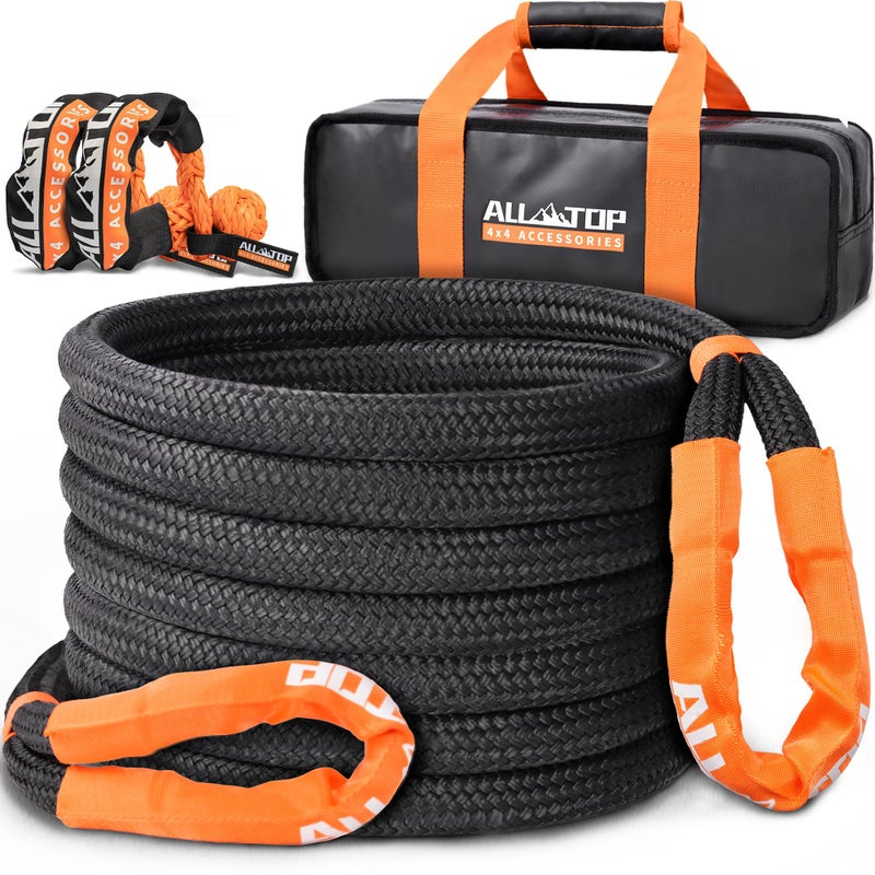 طقم حبل الاسترداد الحركي ALLTOP مع 2 خطافات ناعمة 48000 رطل 1 بوصة × 20 قدم ثقيل 30 مرونة 16000 رطل حد تحميل العمل