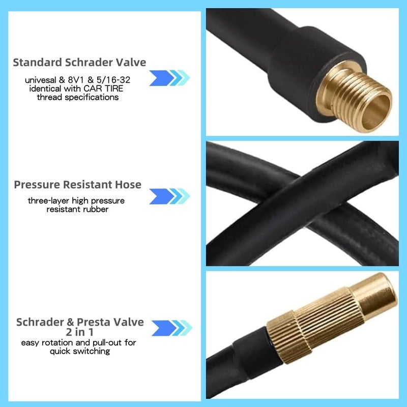 SYOSI 2-in-1 Air Inflator Hose with Schrader and Presta Valve Adapter, Extension Tube Hose for Air Compressors, Replacement Tire Pump Hose for Bike, Car, Motorcycle and Bicycle Tyre Inflator - Image 5