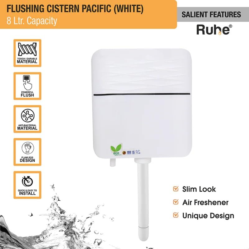 Ruhe® Pacific Flushing Cistern Flush Tank for Toilet | 8 Liter Water Capacity | PVC Slim Cistern Top Push Botton Flush Tank, White - Image 3
