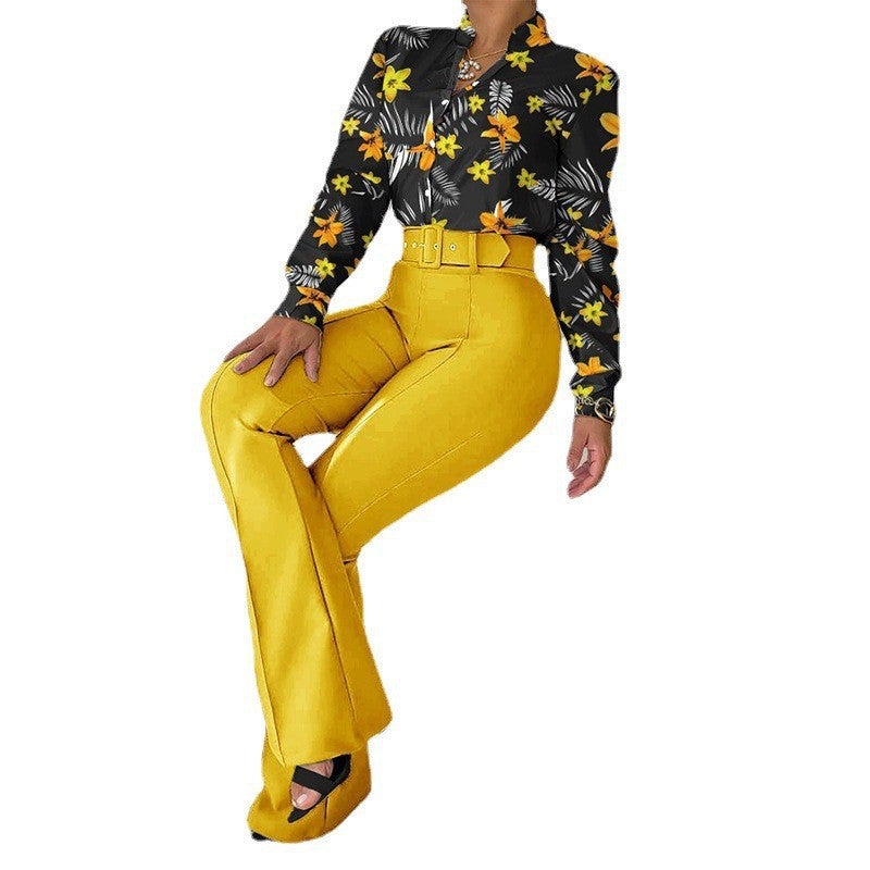 2024 Spring Casual Printed Shirt  Pants Set Army Green - Image 2