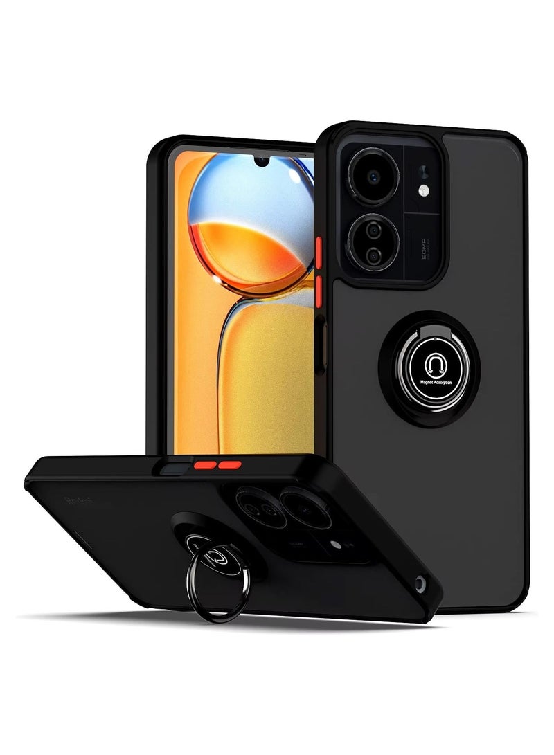 جراب Redmi 13C 4G/5G مع حامل حلقي معدني ومسند خلفي للسيارة وحامل مغناطيسي مقاوم للصدمات وغطاء خلفي صلب غير لامع لهاتف Redmi 13C 4G/5G Redmi 13C أسود - Image 1
