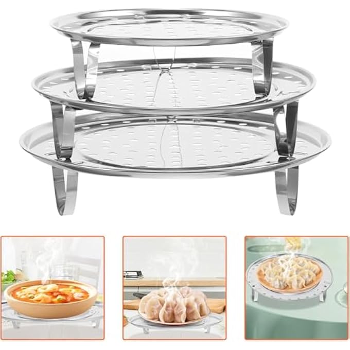 سيوسي رف بخار مكون من 3 قطع من الفولاذ المقاوم للصدأ، صينية بخار، رف تبريد للخبز، حامل ثلاثي القوائم، أواني طهي بالبخار، سلة بخار للزلابية الديم سوم، فضي - Image 2