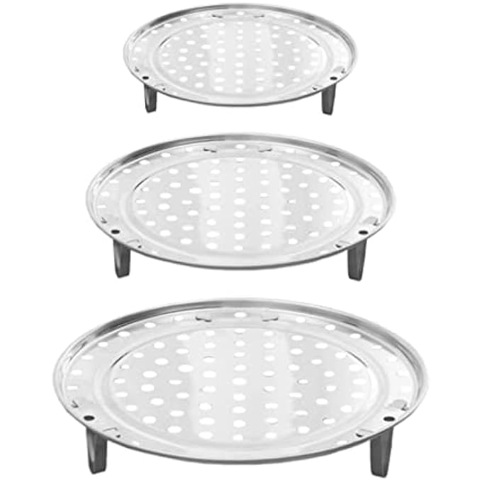سيوسي رف بخار مكون من 3 قطع من الفولاذ المقاوم للصدأ، صينية بخار، رف تبريد للخبز، حامل ثلاثي القوائم، أواني طهي بالبخار، سلة بخار للزلابية الديم سوم، فضي - Image 1