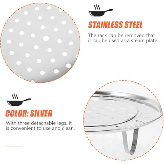سيوسي رف بخار مكون من 3 قطع من الفولاذ المقاوم للصدأ، صينية بخار، رف تبريد للخبز، حامل ثلاثي القوائم، أواني طهي بالبخار، سلة بخار للزلابية الديم سوم، فضي - Image 5