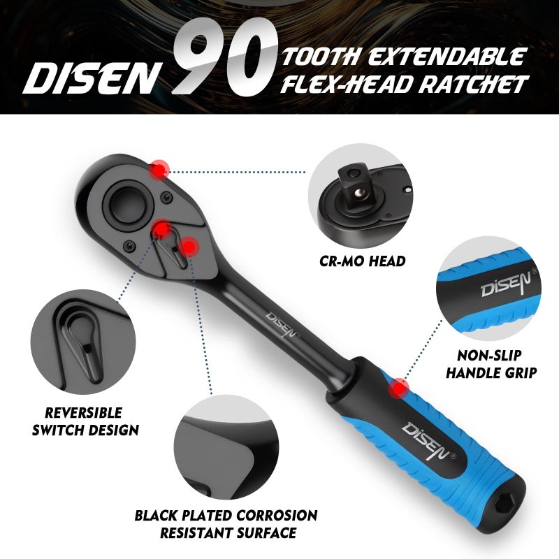 DISEN 3PCS Black Ratchet Set (1/2", 3/8", 1/4" Drive) - 90-Tooth Drive Ratchet Socket Wrench Reversible with Non-slip Rubber Grip, Quick Release & EVA Tray - Professional Ratchet Wrench Handle Kit - Image 3