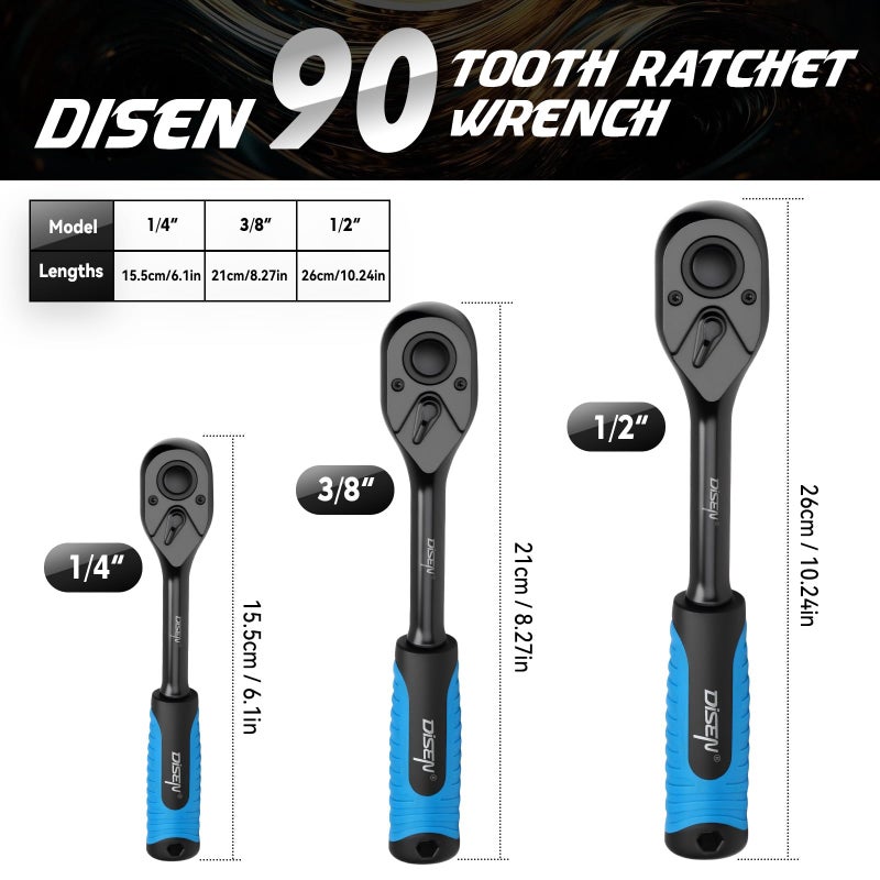 DISEN 3PCS Black Ratchet Set (1/2", 3/8", 1/4" Drive) - 90-Tooth Drive Ratchet Socket Wrench Reversible with Non-slip Rubber Grip, Quick Release & EVA Tray - Professional Ratchet Wrench Handle Kit - Image 4