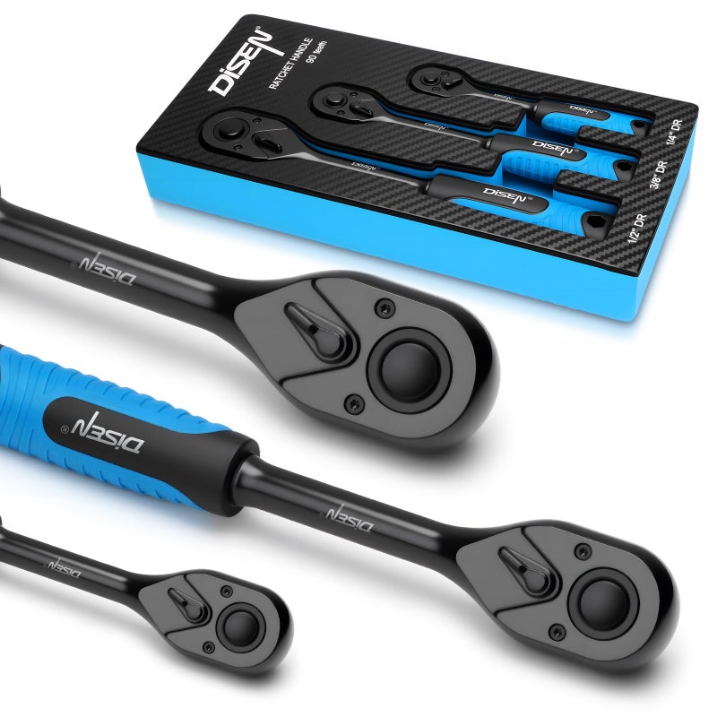 DISEN 3PCS Black Ratchet Set (1/2", 3/8", 1/4" Drive) - 90-Tooth Drive Ratchet Socket Wrench Reversible with Non-slip Rubber Grip, Quick Release & EVA Tray - Professional Ratchet Wrench Handle Kit - Image 1
