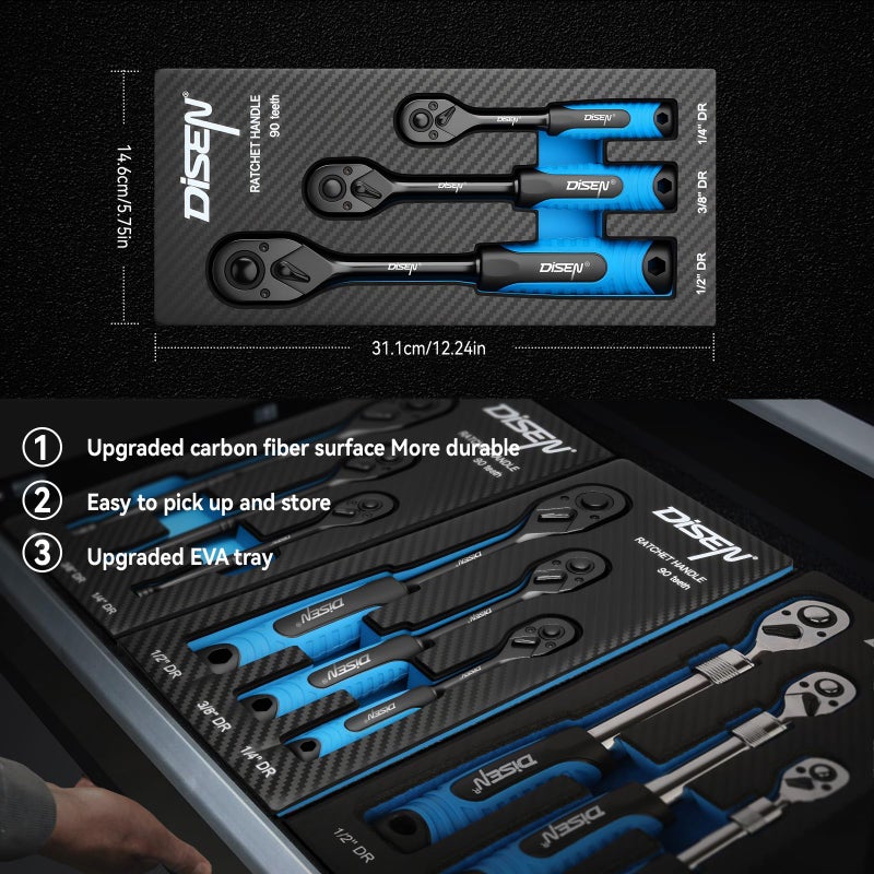 DISEN 3PCS Black Ratchet Set (1/2", 3/8", 1/4" Drive) - 90-Tooth Drive Ratchet Socket Wrench Reversible with Non-slip Rubber Grip, Quick Release & EVA Tray - Professional Ratchet Wrench Handle Kit - Image 5
