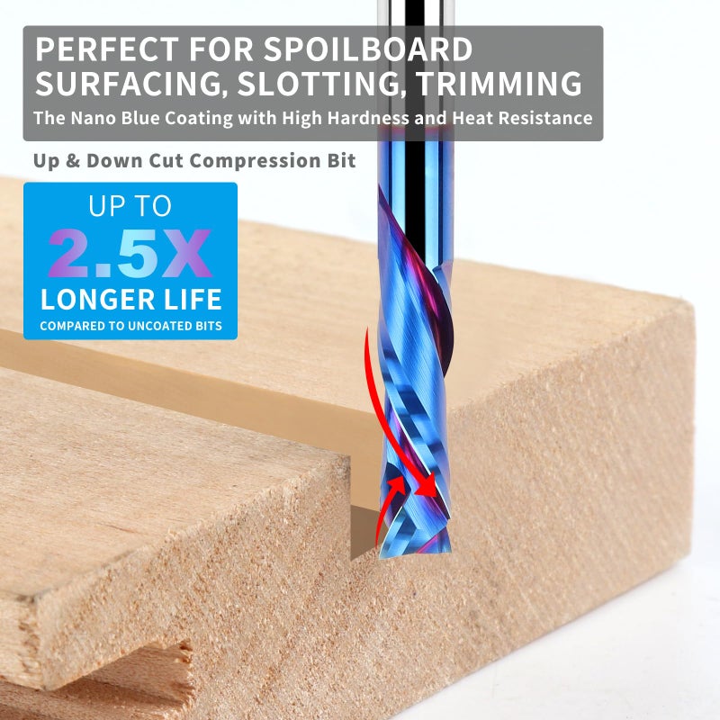 EANOSIC Spiral Router Bits Up Down Compression Bit 1/4 inch Cutting Diameter with Nano Blue Coated, 1/4 inch Shank Solid Carbide CNC End Mill for Wood Carving Engraver Milling Cutters - Image 3