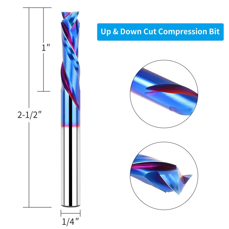EANOSIC Spiral Router Bits Up Down Compression Bit 1/4 inch Cutting Diameter with Nano Blue Coated, 1/4 inch Shank Solid Carbide CNC End Mill for Wood Carving Engraver Milling Cutters - Image 2