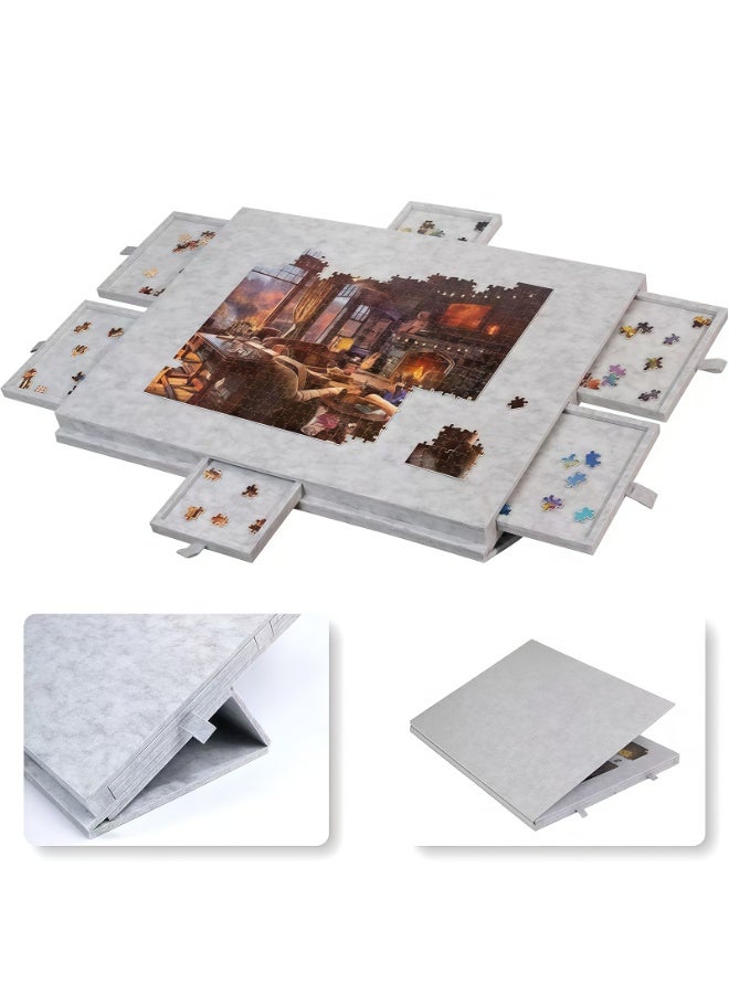 Tiltable Puzzle Tabletop with 6 Drawers, 2-in-1 Stand u0026 Cover Design, Ultra-Light Felt Platform, Portable Puzzle Table for Up to 1000 Pieces – Light Gray - Image 1