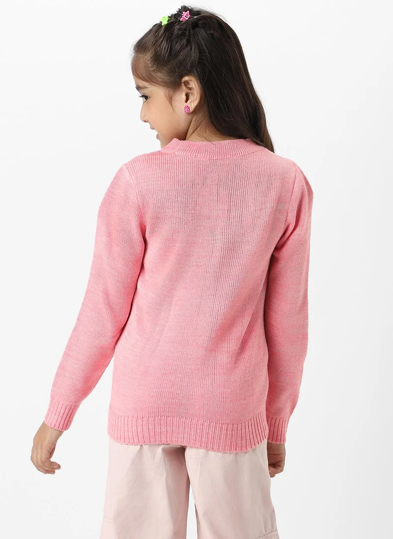نوتيناتي Nautinati Girls Peach Strawberries Embroidered Full Sleeves Acrylic Cardigan Sweater