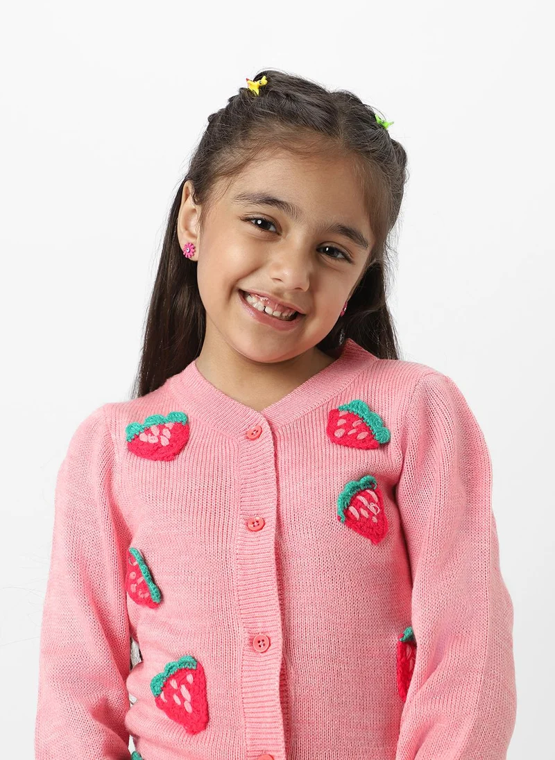 نوتيناتي Nautinati Girls Peach Strawberries Embroidered Full Sleeves Acrylic Cardigan Sweater