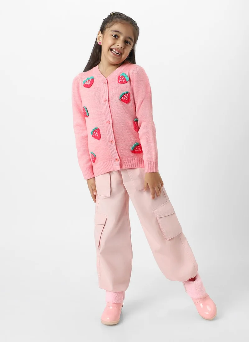 نوتيناتي Nautinati Girls Peach Strawberries Embroidered Full Sleeves Acrylic Cardigan Sweater