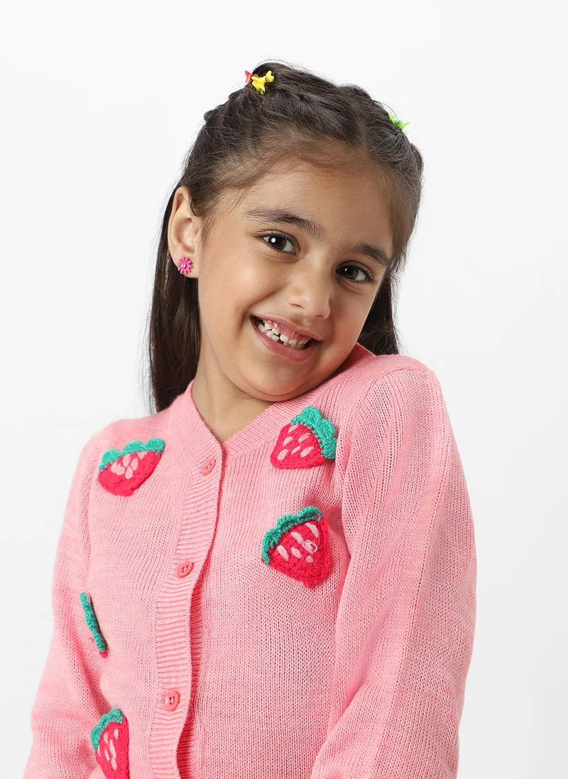 نوتيناتي Nautinati Girls Peach Strawberries Embroidered Full Sleeves Acrylic Cardigan Sweater