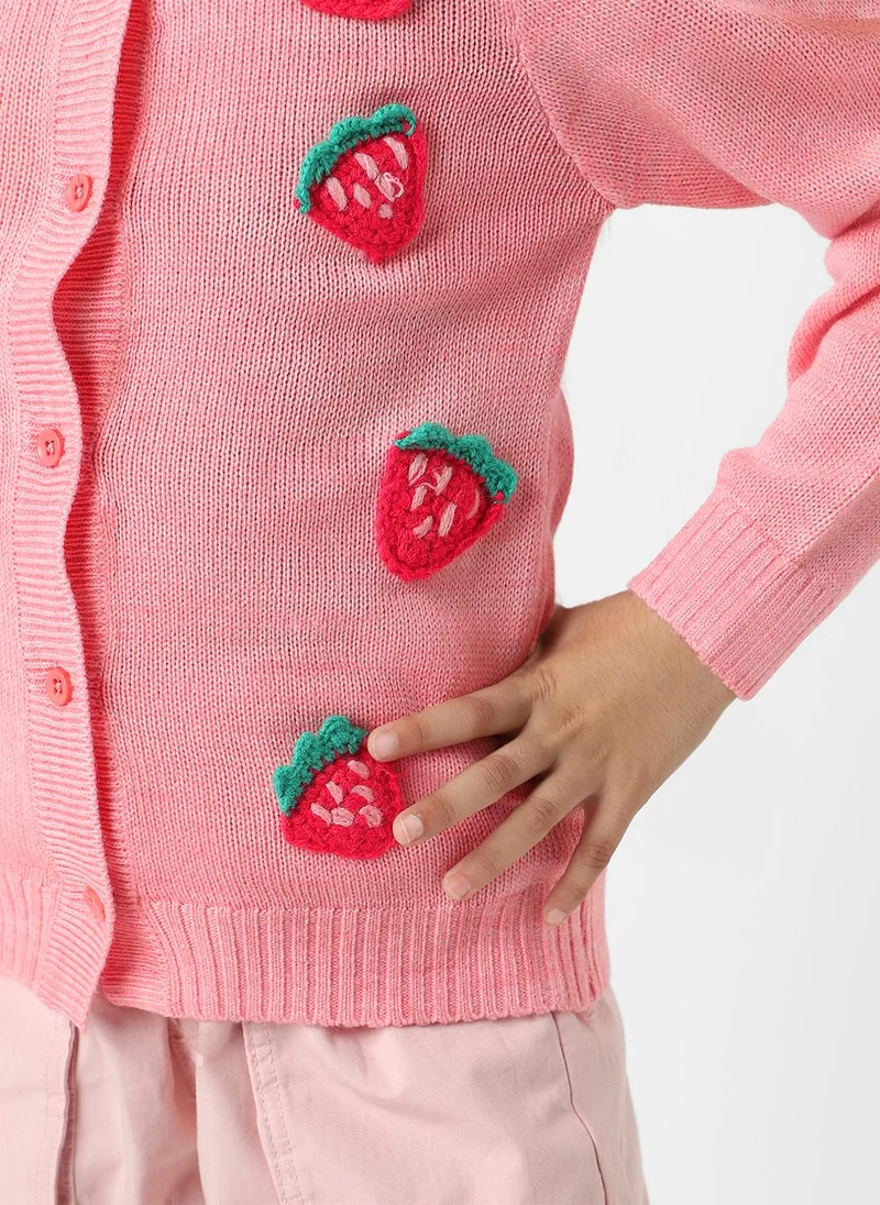 نوتيناتي Nautinati Girls Peach Strawberries Embroidered Full Sleeves Acrylic Cardigan Sweater