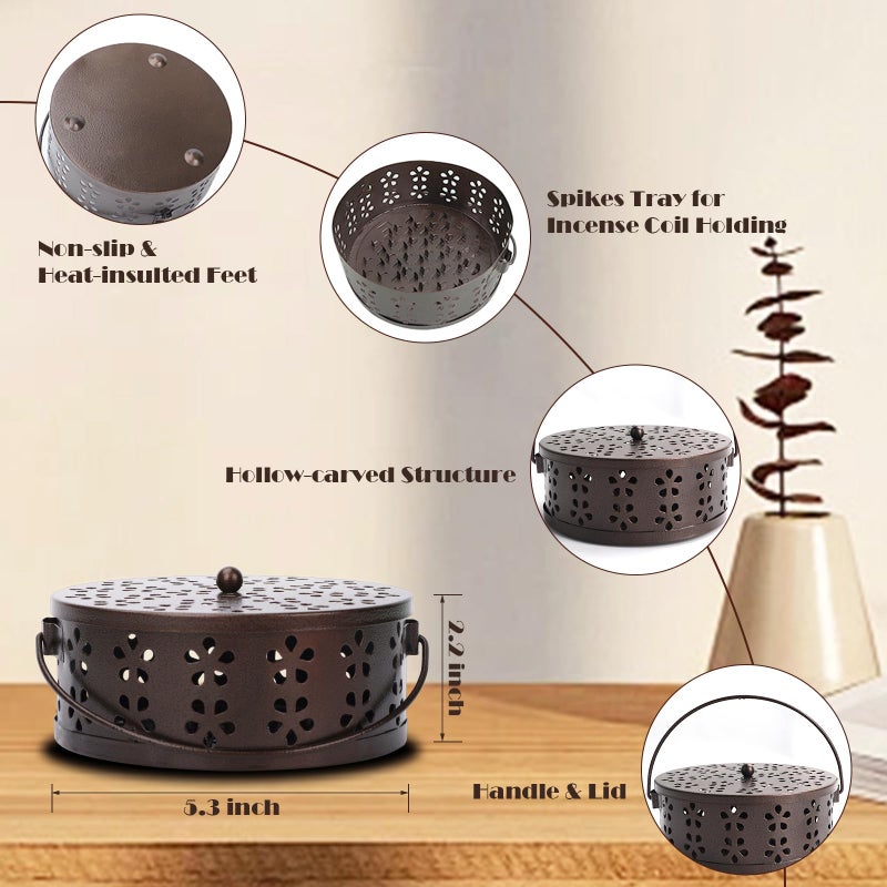 MEADAY Portable Mosquito Coil Holder with Handle Round Heat-Resistant Iron Incense Coil Holder (Bronze) - Image 2