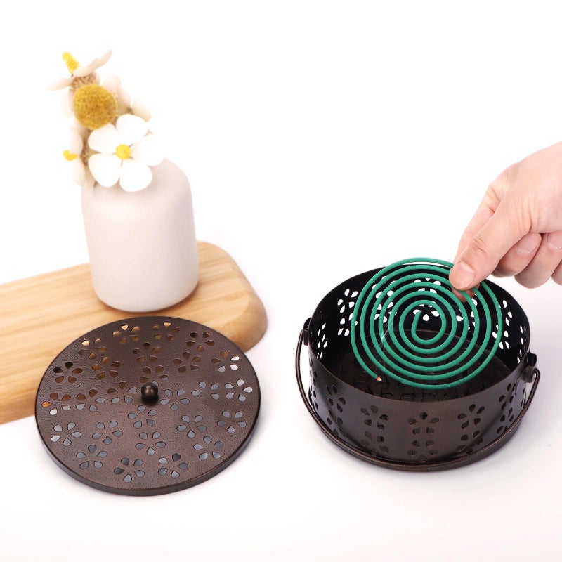 MEADAY Portable Mosquito Coil Holder with Handle Round Heat-Resistant Iron Incense Coil Holder (Bronze) - Image 3