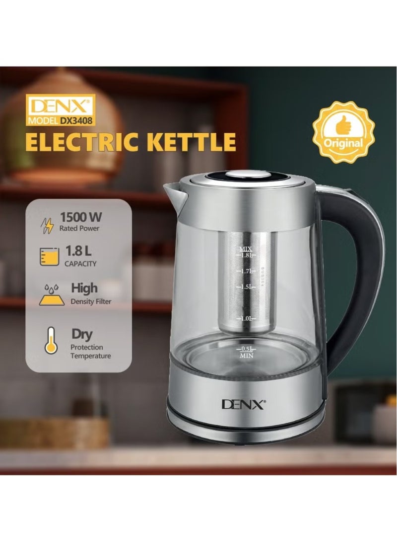 Denx 1.8L1500W Glass Glare Electric Kettle with Ocean Blue Light - Image 3