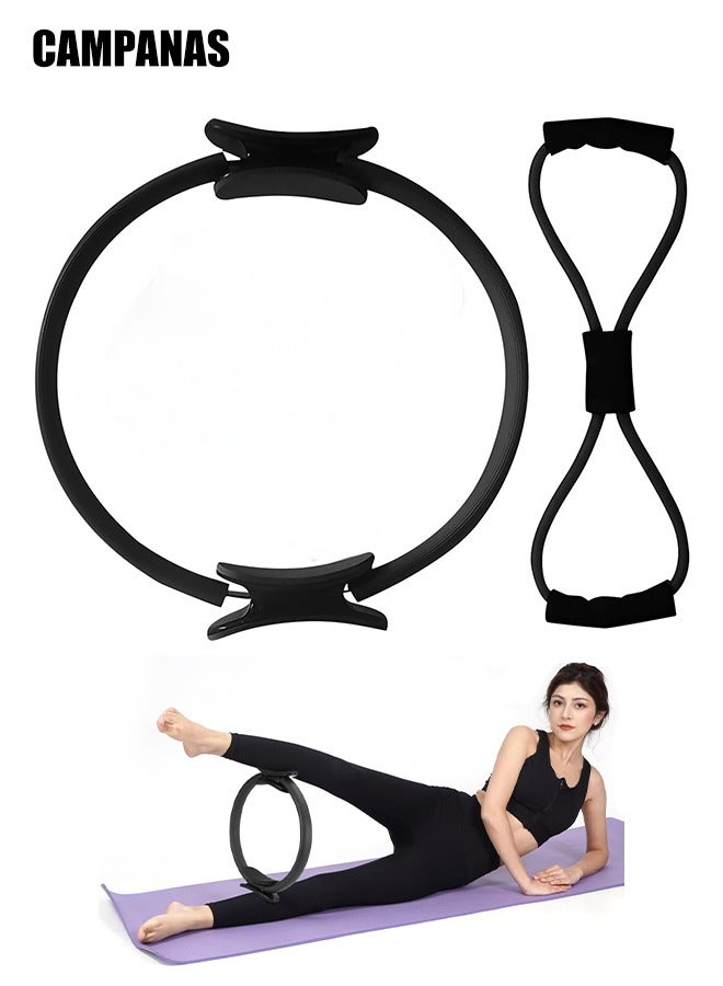 CAMPANAS 2 Pack Pilates Fitness Circle Ring with Figure 8 Resistance Band Yoga Stretching Strap, Home Exercise Equipment for Full Body Workout, Shaping, Core Training  - Image 1