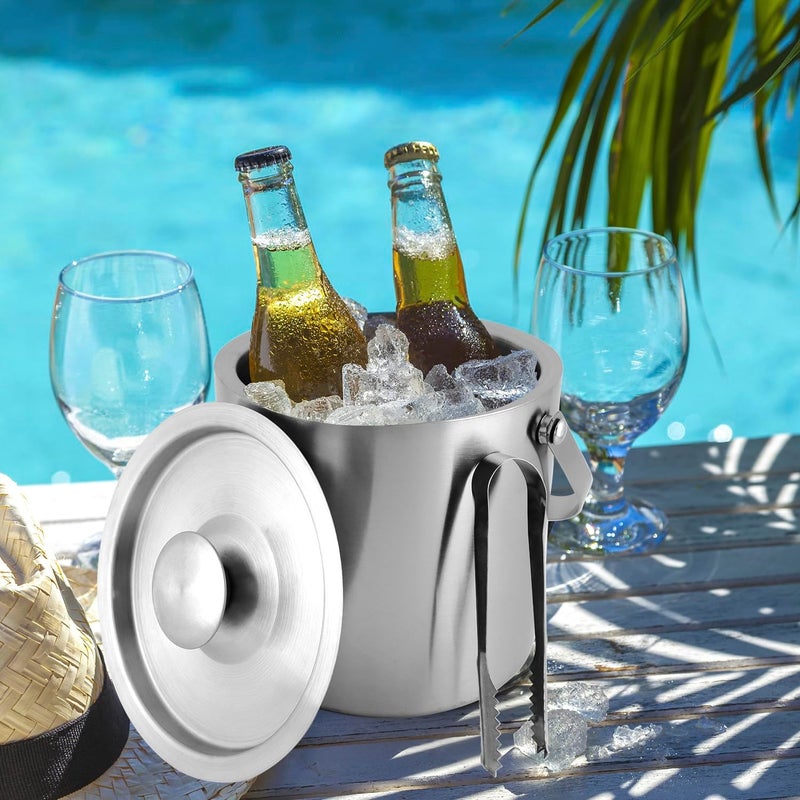 QWORK ® 3L 304 Stainless Steel Ice Bucket with Double Wall, Lid and Ice Tongs - Ideal for Home Bars, Parties and Cocktail Serving - Image 3