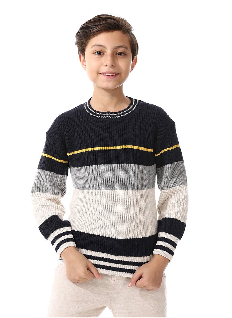 Andora Round Collar Long Sleeve Boys Pullover - Navy Blue, Off White & Grey_ Navy Blue, Off White & Grey  - Image 1