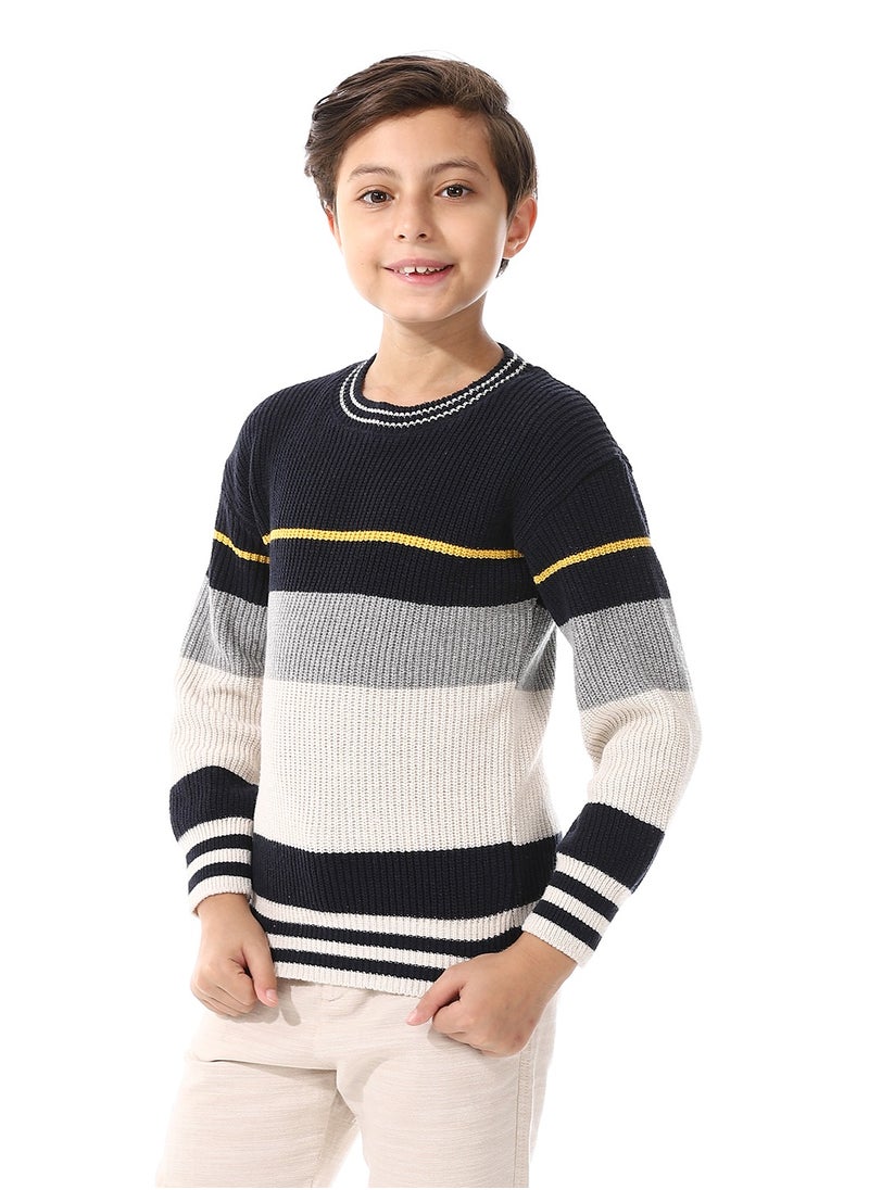 Andora Round Collar Long Sleeve Boys Pullover - Navy Blue, Off White & Grey_ Navy Blue, Off White & Grey  - Image 2