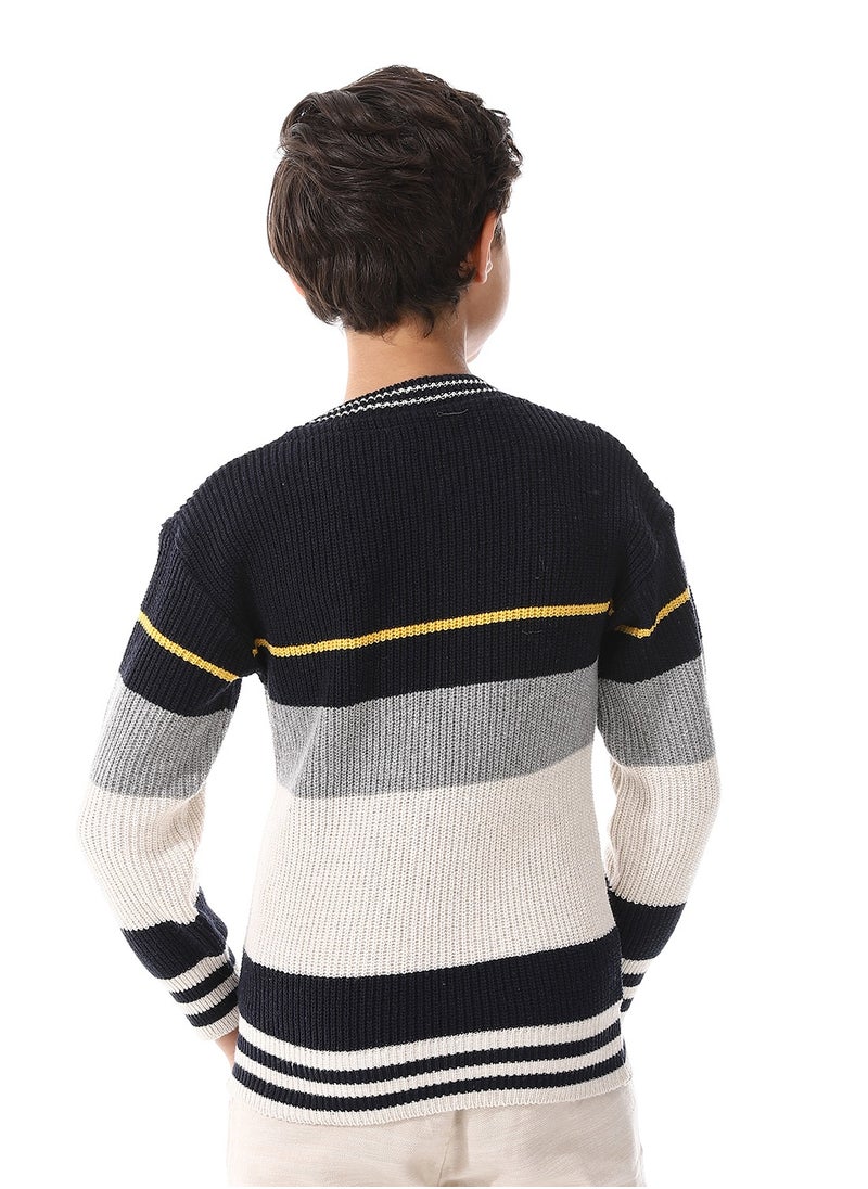 Andora Round Collar Long Sleeve Boys Pullover - Navy Blue, Off White & Grey_ Navy Blue, Off White & Grey  - Image 3