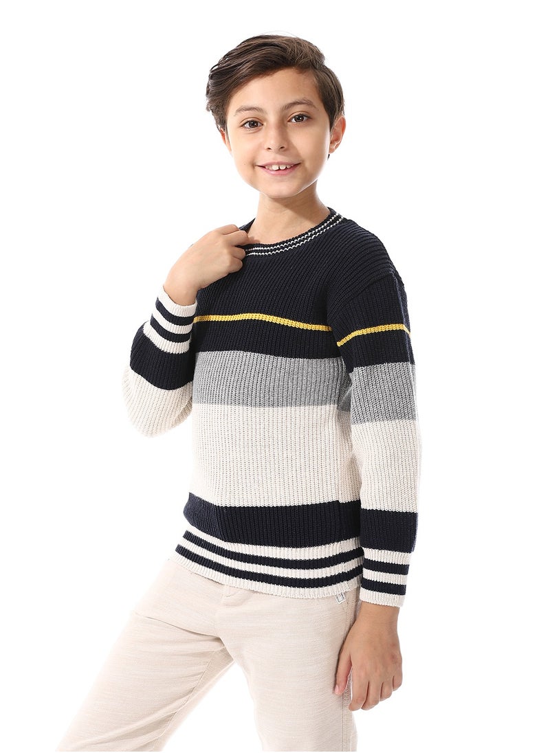 Andora Round Collar Long Sleeve Boys Pullover - Navy Blue, Off White & Grey_ Navy Blue, Off White & Grey  - Image 4