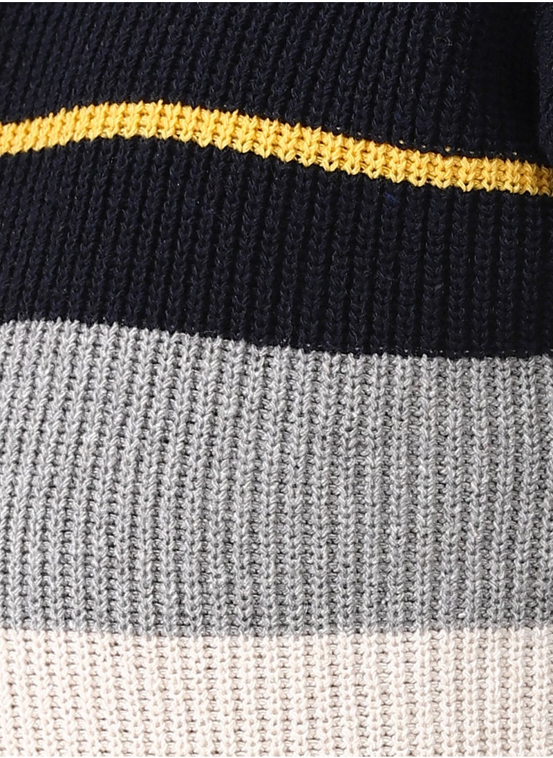 Andora Round Collar Long Sleeve Boys Pullover - Navy Blue, Off White & Grey_ Navy Blue, Off White & Grey  - Image 5