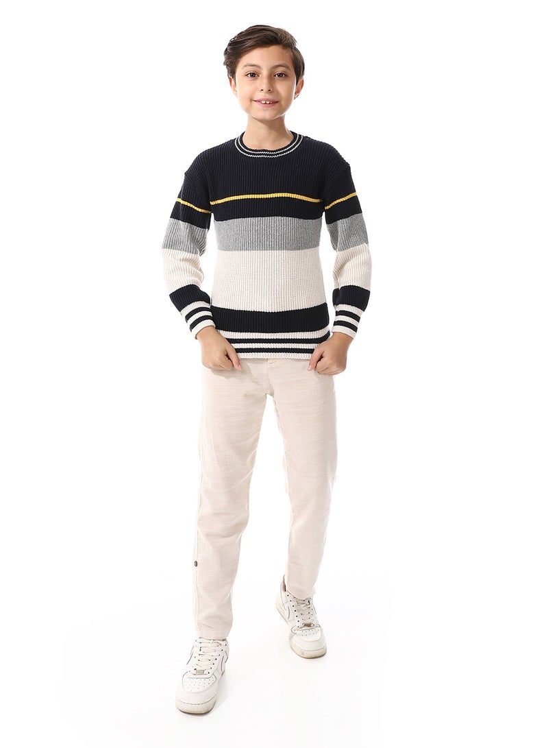 Round Collar Long Sleeve Boys Pullover - Navy Blue, Off White & Grey_ Navy Blue, Off White & Grey