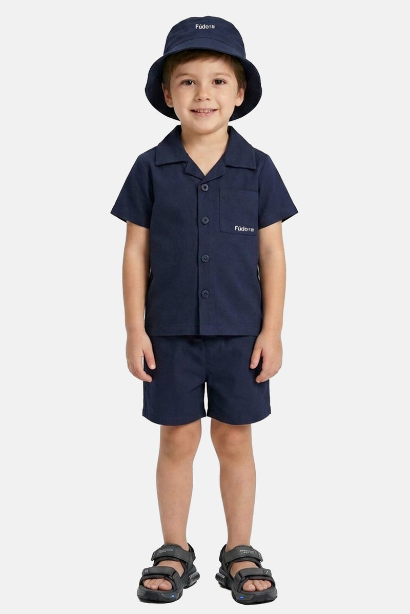 Fudo Kids Boy 3 Pieces Brand Logo Shirt And Shorts With Hat Set, Navy - Image 1