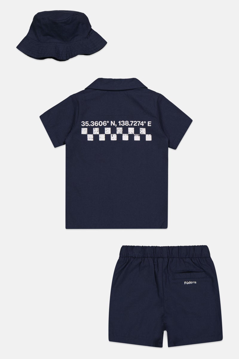 Fudo Kids Boy 3 Pieces Brand Logo Shirt And Shorts With Hat Set, Navy - Image 3