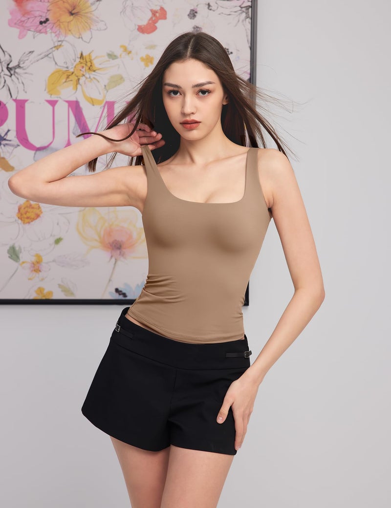 PUMIEY تي شيرت بومي للنساء بحلقه مربعة بدون أكمام مزدوجة الطبقة صيفي، تافي إكس-لاarge - Image 3