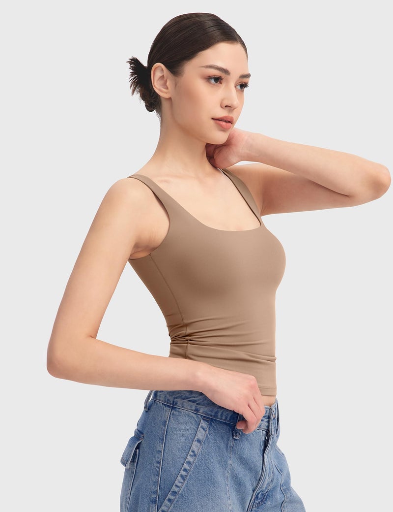 PUMIEY تي شيرت بومي للنساء بحلقه مربعة بدون أكمام مزدوجة الطبقة صيفي، تافي إكس-لاarge - Image 2
