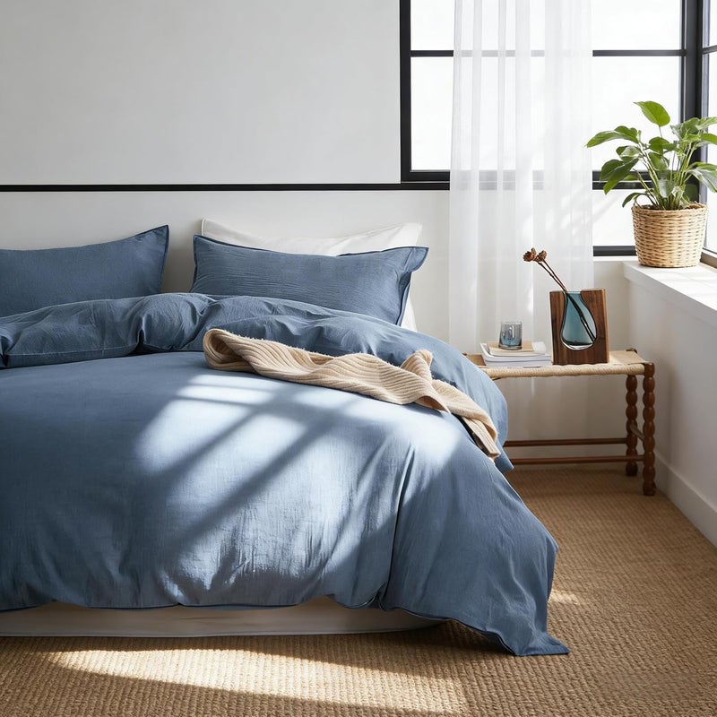 Simple&Opulence Duvet Cover Set 100% Washed Cotton Comfy Soft Breathable Cozy Textured Solid Color Comforter Cover for All Seasons Bedding Sets, Blue King 220x240cm - Image 1