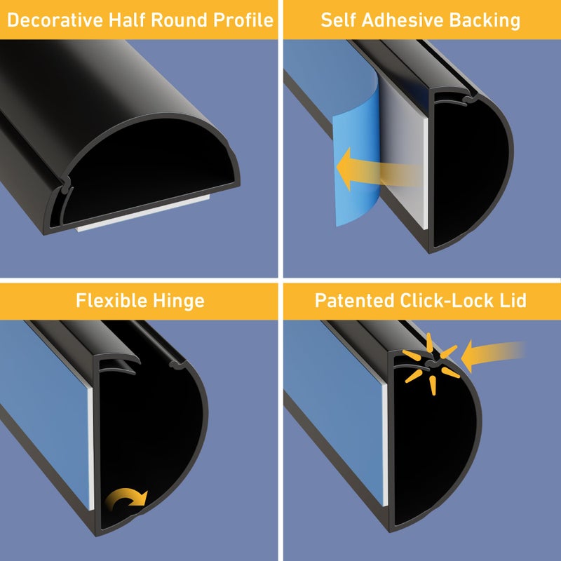 D-Line 157in Cord Cover Kit, Self-Adhesive Wire Hiders, Cable Raceway to Hide Wires on Wall, Electrical Cable Management - 10x 15.7 Lengths & 19 Accessories - 1.18" (W) x 0.59" (H) - Black - Image 3